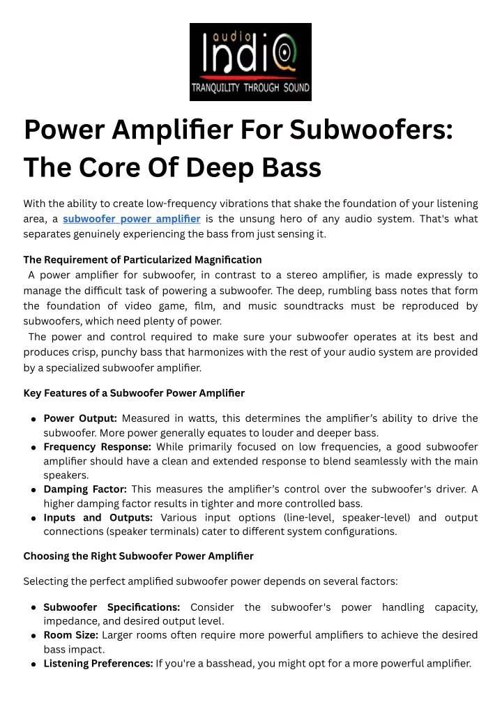 power amplifier for subwoofers the core of deep