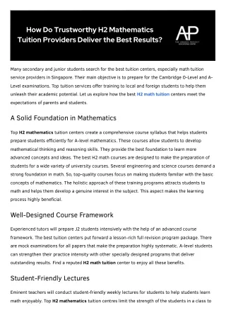 How Do Trustworthy H2 Mathematics Tuition Providers Deliver the Best Results