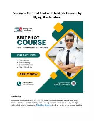 Become a Certified Pilot with best pilot course by Flying Star Aviators