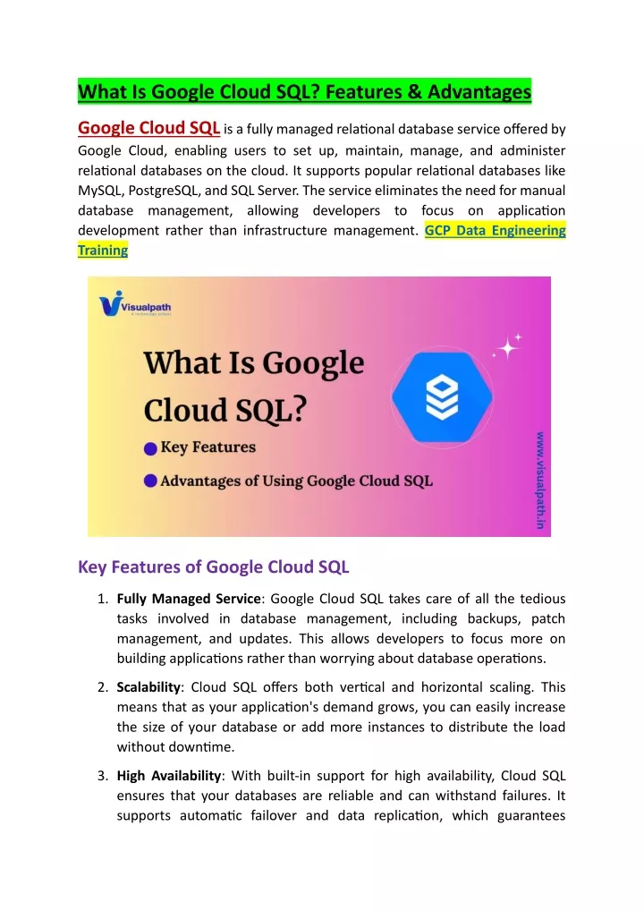 what is google cloud sql features advantages