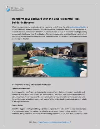 Transform Your Backyard with the Best Residential Pool Builder in Houston