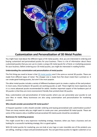 Customization and Personalization of 3D Metal Puzzles