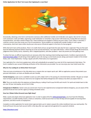 Online Applications for Short Term Loans Start Applying for a Loan Now!