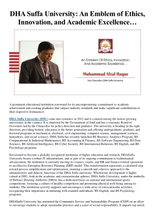 DHA Suffa University An Emblem of Ethics, Innovation, and Academic Excellence…