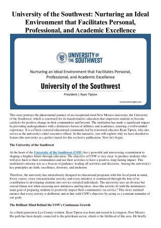 University of the Southwest Nurturing an Ideal Environment that Facilitates Personal, Professional, and Academic Excelle