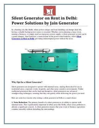 Silent Generator on Rent in Delhi for Noise-Free Power