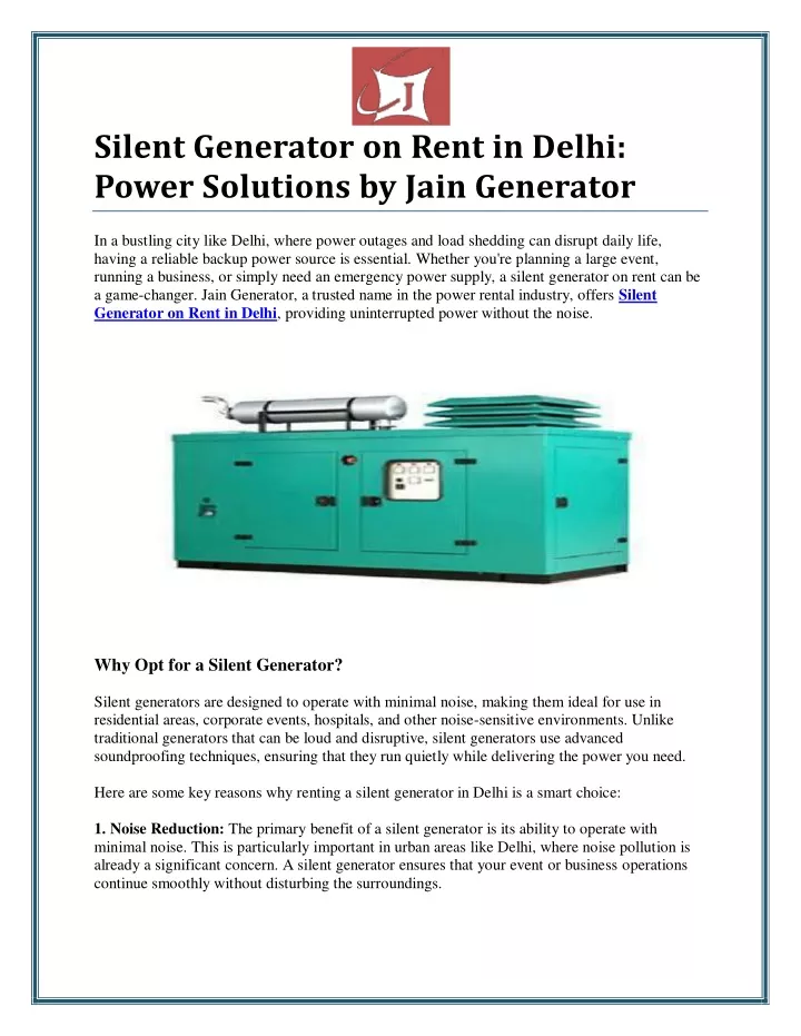 silent generator on rent in delhi power solutions