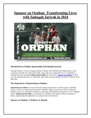 Sponsor an Orphan with Sadaqah Jariyah in 2024: Transform Lives Today