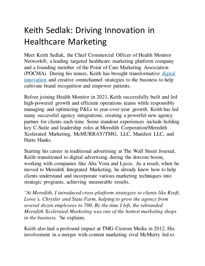 keith sedlak driving innovation in healthcare