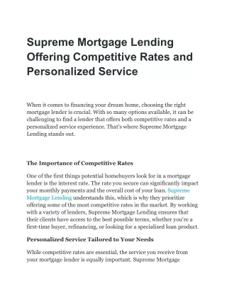 Supreme Mortgage Lending Offering Competitive Rates and Personalized Service