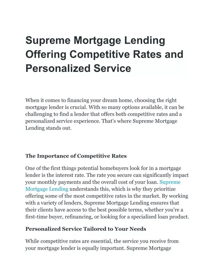 supreme mortgage lending offering competitive