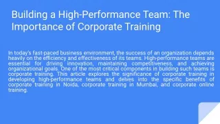 Building a High-Performance Team: The Importance of Corporate Training