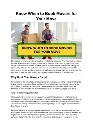 Know When to Book Movers for Your Move