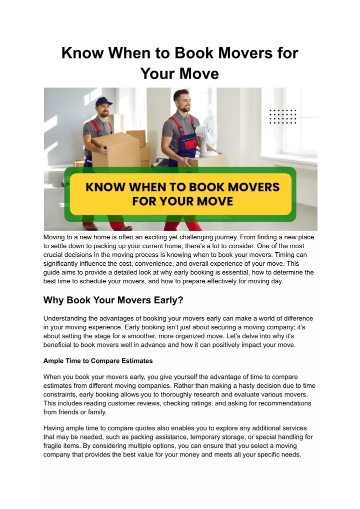 know when to book movers for your move