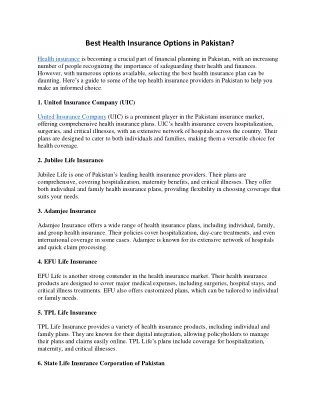 Best Health Insurance Options in Pakistan?