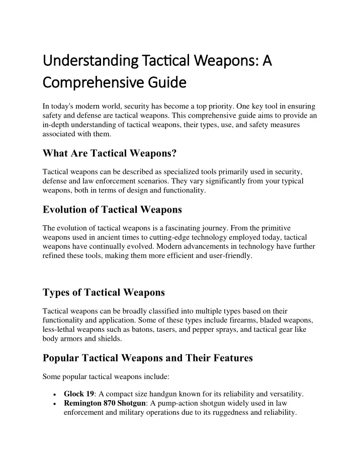 understanding tactical weapons a understanding