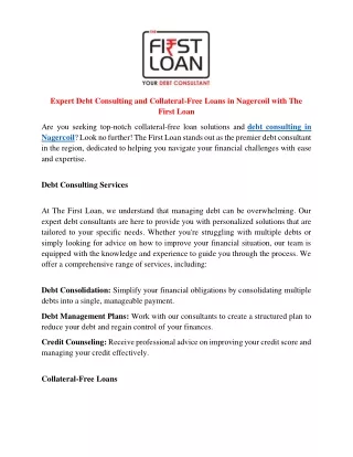 Expert Debt Consulting and Collateral-Free Loans in Nagercoil with The First Loan