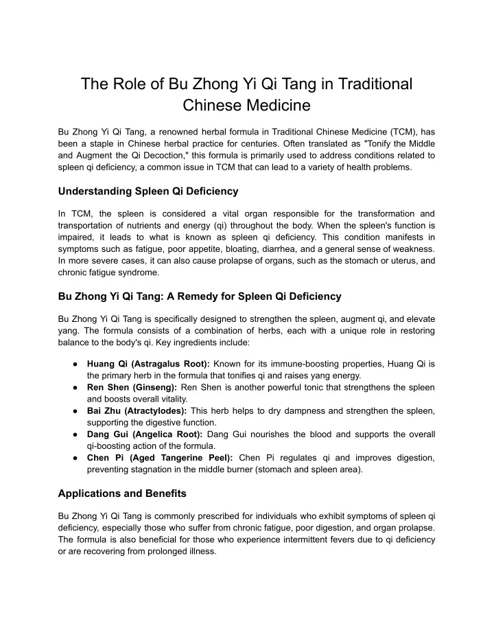 the role of bu zhong yi qi tang in traditional