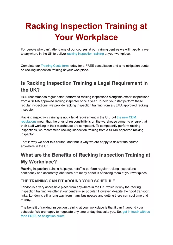 racking inspection training at your workplace