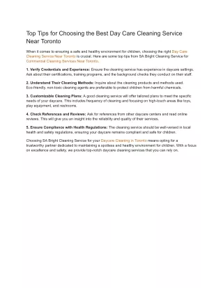 Top Tips for Choosing the Best Day Care Cleaning Service Near Toronto