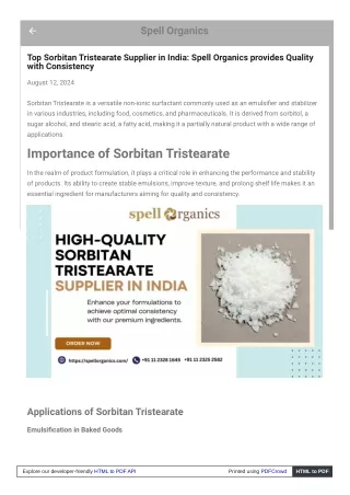 Sorbitan Tristearate Supplier in India: Spell Organics