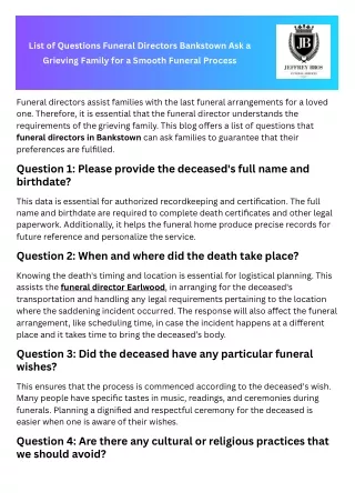 List of Questions Funeral Directors Bankstown Ask a Grieving Family for a Smooth Funeral Process