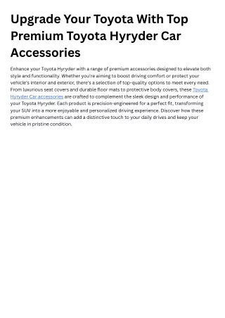 Essential Toyota Hyryder Car Accessories for Elegance and Durability