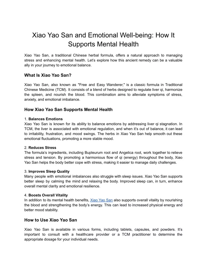 xiao yao san and emotional well being