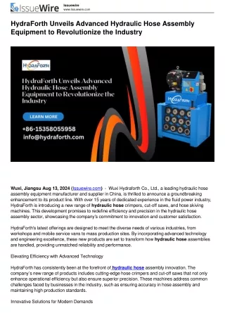 HydraForth Unveils Advanced Hydraulic Hose Assembly Equipment to Revolutionize the Industry