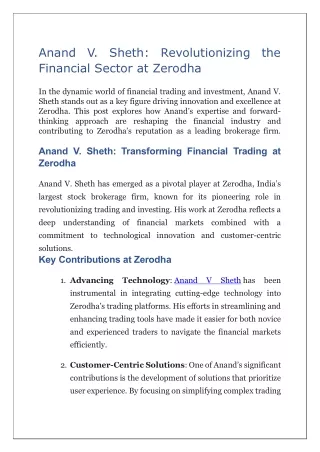 Anand V. Sheth: Revolutionizing the Financial Sector at Zerodha