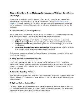 Tips to Find Low-Cost Motorcycle Insurance Without Sacrificing Coverage