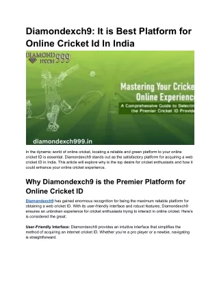 Diamondexch9_ It is Best Platform for Online Cricket Id In India