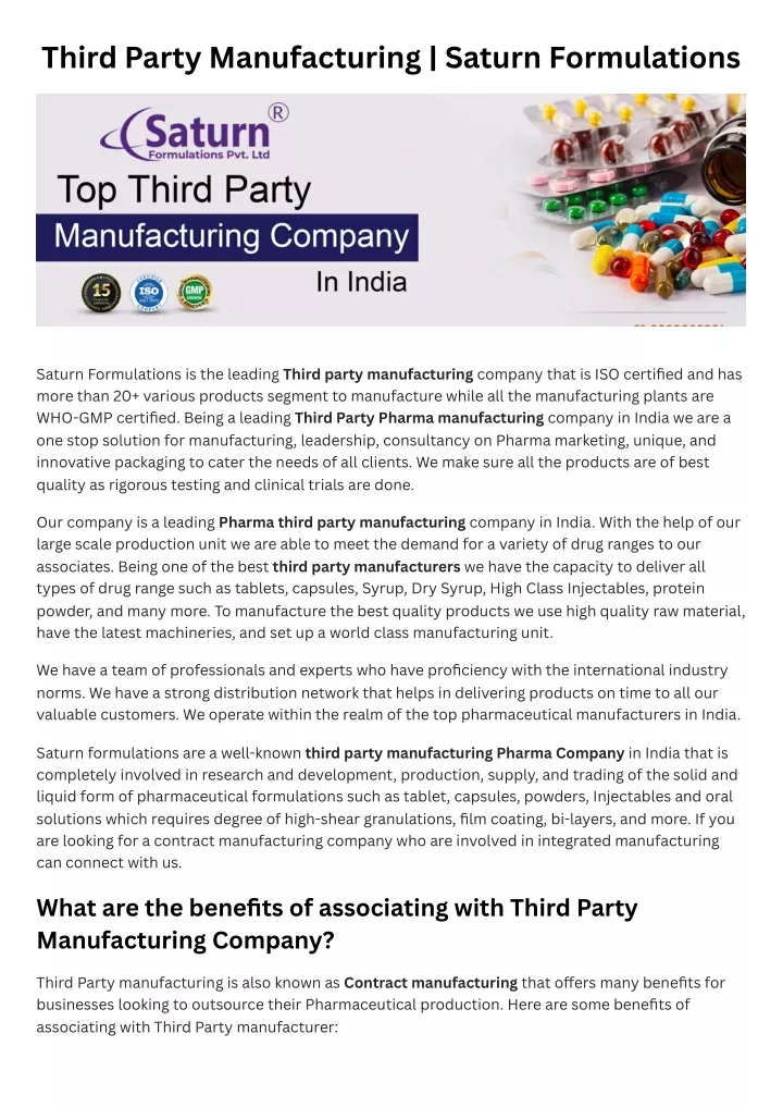 third party manufacturing saturn formulations