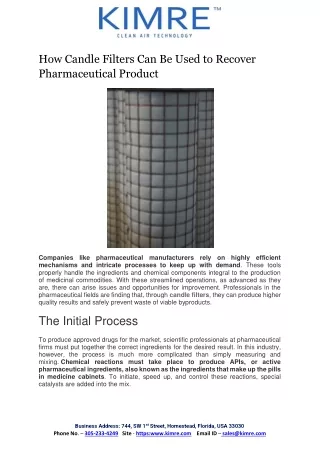 How Candle Filters Can Be Used to Recover Pharmaceutical Product