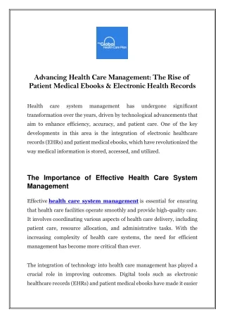 Advancing Health Care Management The Rise of Patient Medical Ebooks & Electronic Health Records