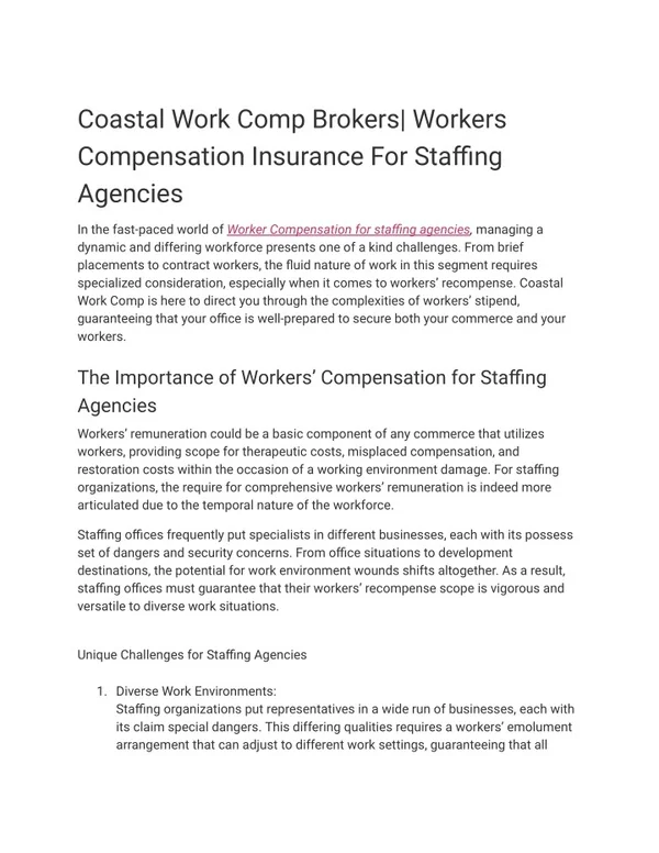 Coastal Work Comp Brokers| Workers Compensation Insurance For Staffing Agencies