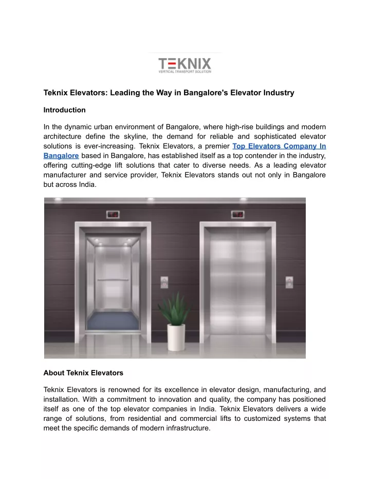 teknix elevators leading the way in bangalore