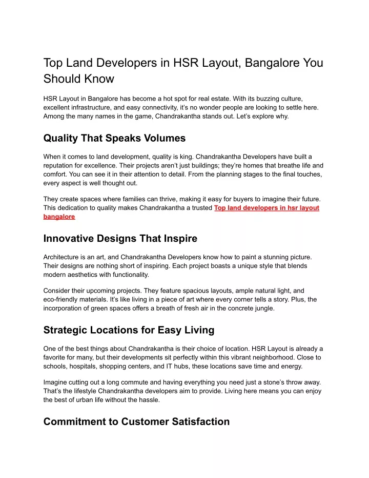 top land developers in hsr layout bangalore