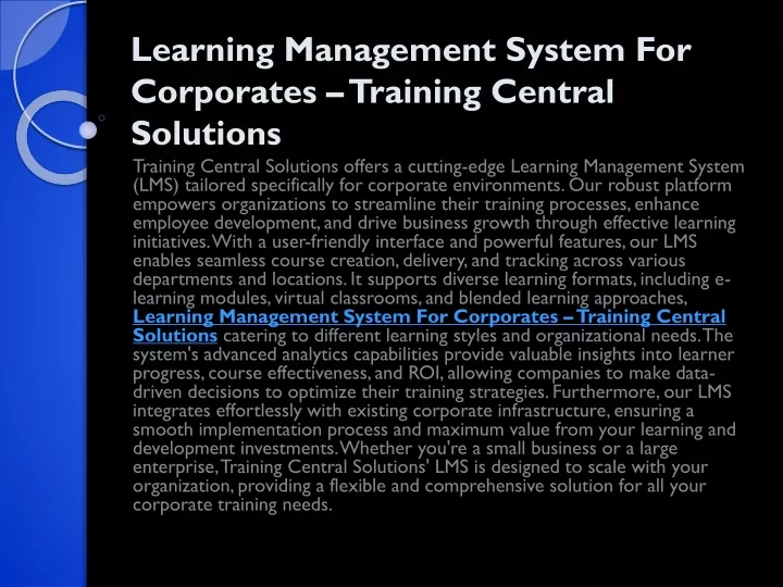 learning management system for corporates training central solutions