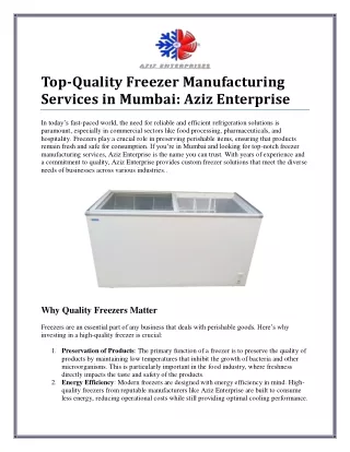 Comprehensive Freezer Manufacturing Services in Mumbai