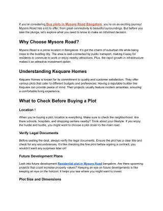 Your Guide to Buying Plots on Mysore Road with Ksquare Homes