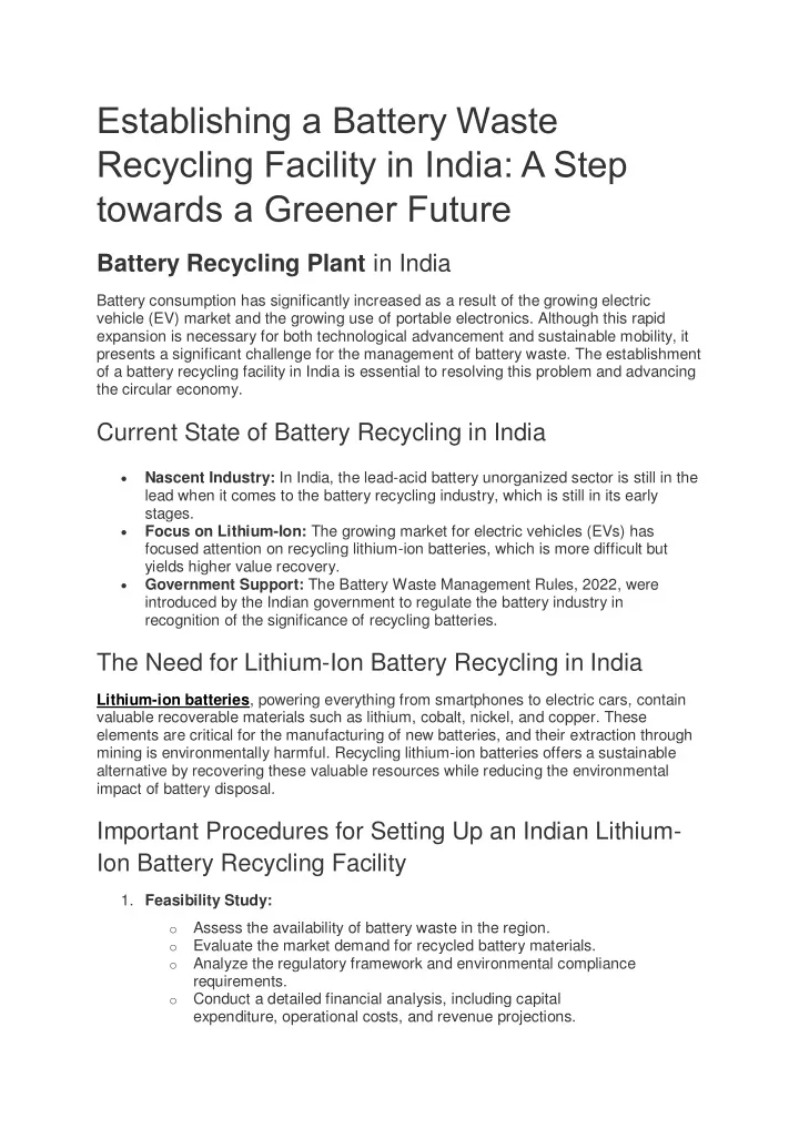 establishing a battery waste recycling facility