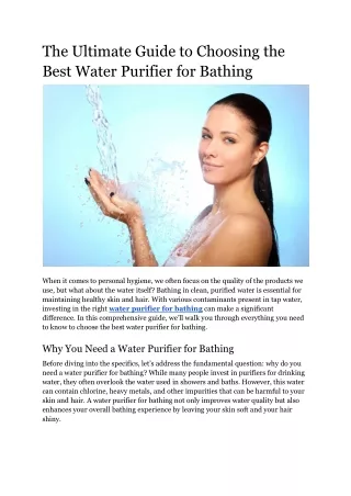The Ultimate Guide to Choosing the Best Water Purifier for Bathing