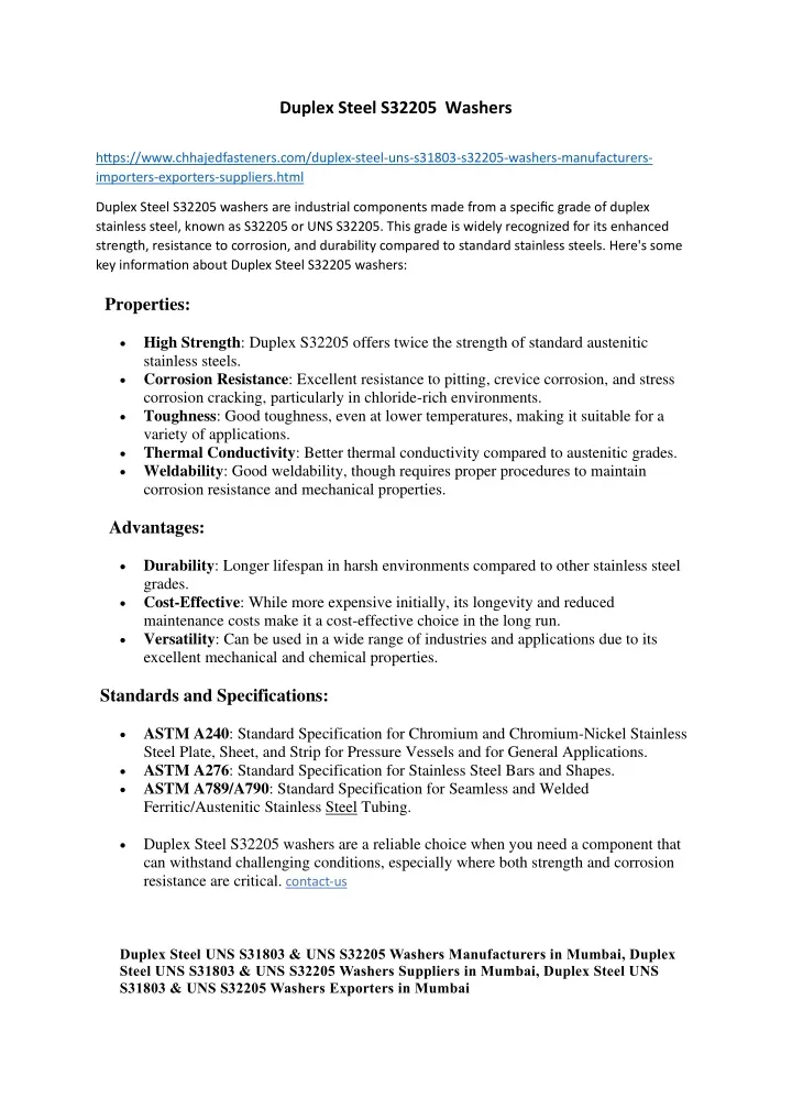 duplex steel s32205 washers