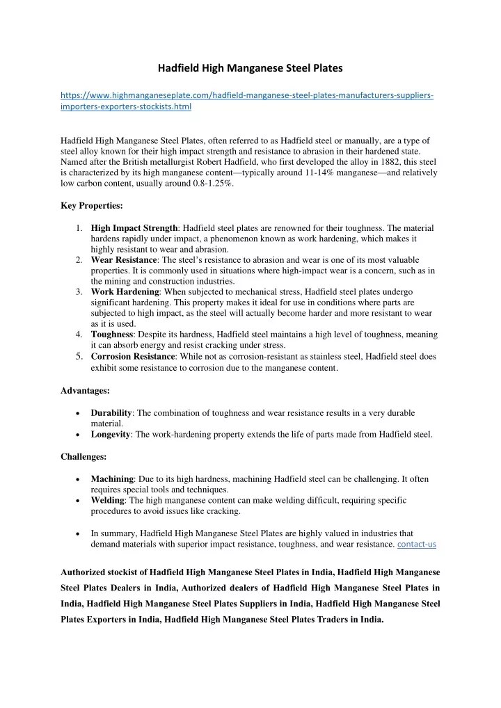 hadfield high manganese steel plates