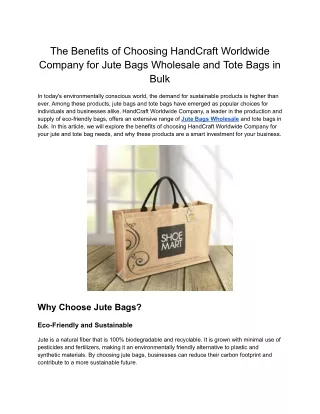HANDCRAFT Worldwide offers an extensive selection of Jute Bags Wholesale at unbe