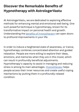 Discover the Remarkable Benefits of Hypnotherapy with AstrologerVastu