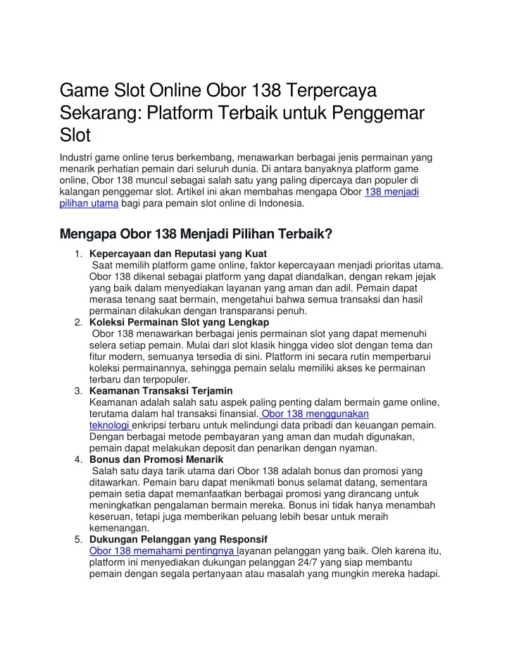 game slot online obor 138 terpercaya sekarang