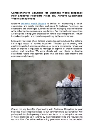Comprehensive Solutions for Business Waste Disposal How Endeavor Recyclers Helps You Achieve Sustainable Waste Managemen