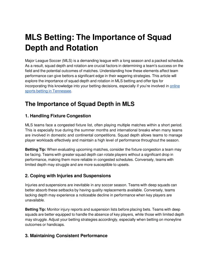 mls betting the importance of squad depth and rotation